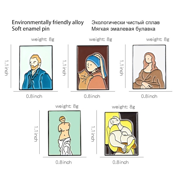 5-delad tecknad brosch Handgjord emaljbricka Van Gogh Mona Lisa brosch Nyhetsslagsbrosch, skjortmärkesaccessoar Modebrosch