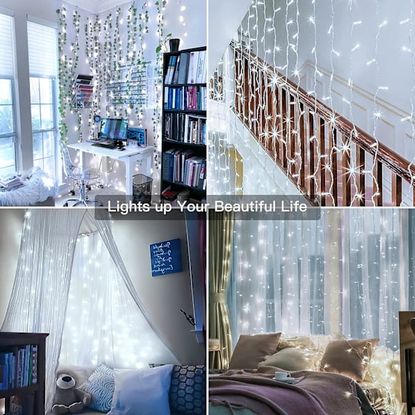 Inomhus julgardinlampor - Kallt vitt 300 LED 3m x 3m USB-drivna julgransljus 8 lägen/timer/fjärrkontroll för utomhus/sovrum/par