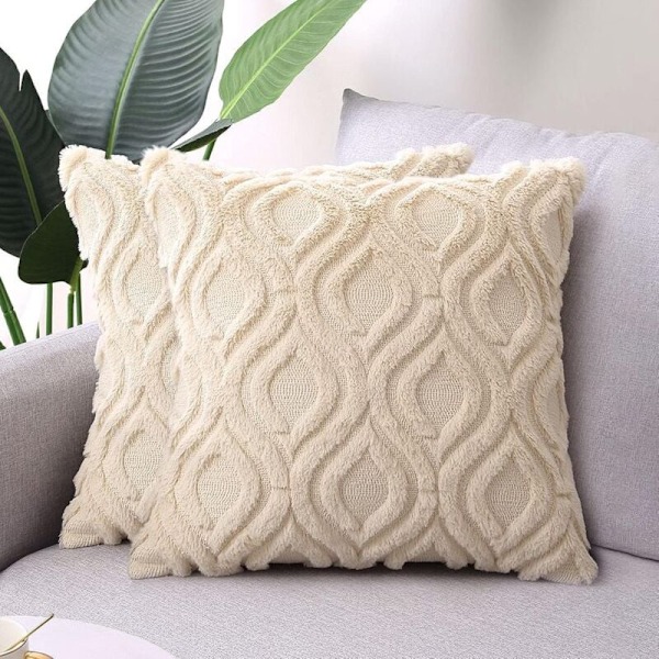 Dekorativa kuddöverdrag 45 x 45 cm, Boho-örngott i fuskpäls, suddig beige kudde i mjuk plysch för soffa, vardagsrum, sovrum, l