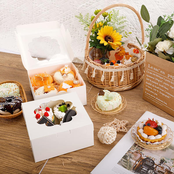 50 stk. 6x6x3 tommer hvide bageriæsker med vindue, kageæsker, dessertæsker, konditoræsker til jordbær, cupcakes, chokolademuffins, donuts