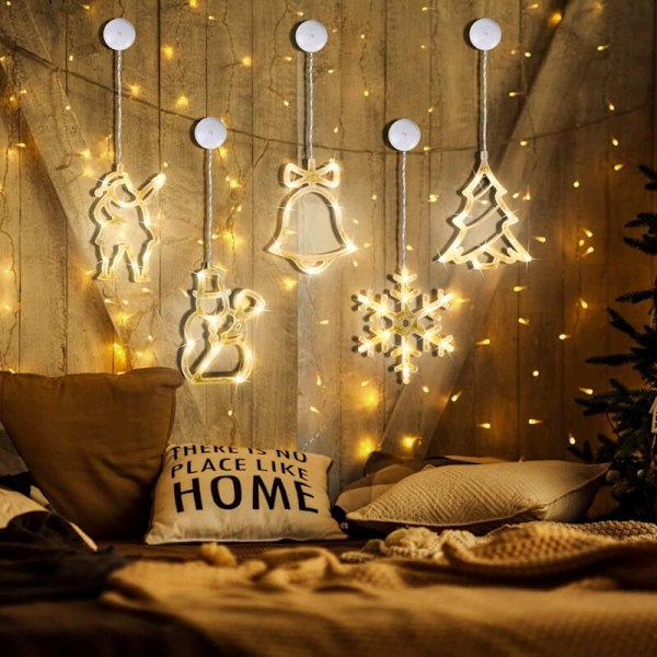 LED-lysgirlander til jul, 6 stk med sugekopper, vinduslys, LED juledekorasjon LED gardiner, vindusdekorasjon, fungerer med batteri