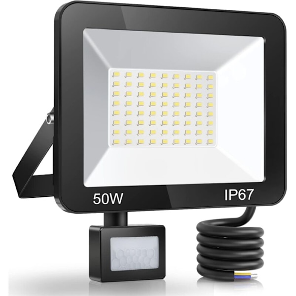 50W Utendørs LED Projektor med Bevegelsessensor, IP67 Vanntett LED Spot med Sensor, 5000LM 7000k Hvit Kald Belysning Utendørs Lampe, Eksteriør Lampe for