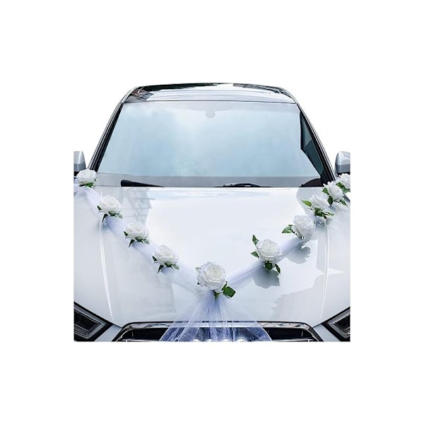Bryllupsbildekorasjon, bryllupsbildekorasjonssett, hvite kunstige blomster og hvitt bånd til bryllupsbil, bryllupsbildekorasjon