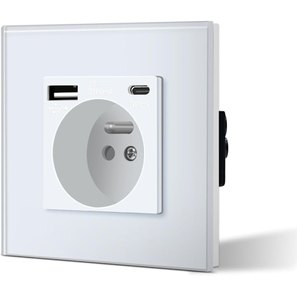 Seinäpistorasia USB- ja Type C -liitännöillä, lasinen pistorasia USB 2.1A virralla 16 Amp 240V 86mm, sopii älypuhelimille ja tableteille (valkoinen)