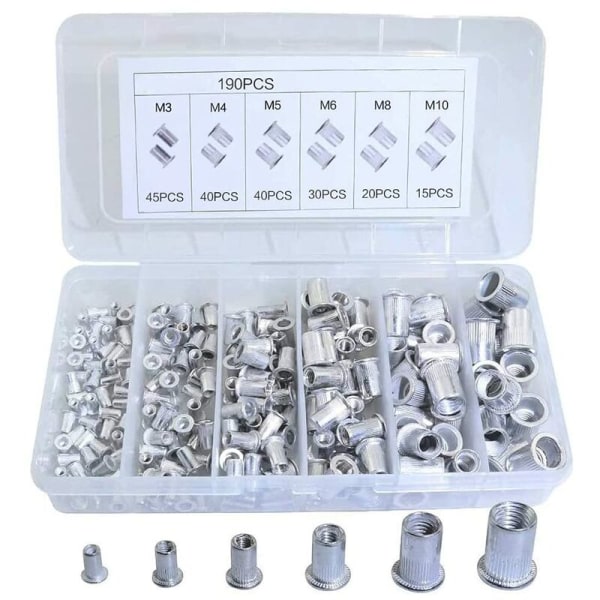 190 stk flate hoder med gjengede nagler, flate hoder aluminium nagler mutter, blind innlegg mutter, med oppbevaringsboks, for tremøbler, M3/M4/M5/M6/M8/M10，HANBING