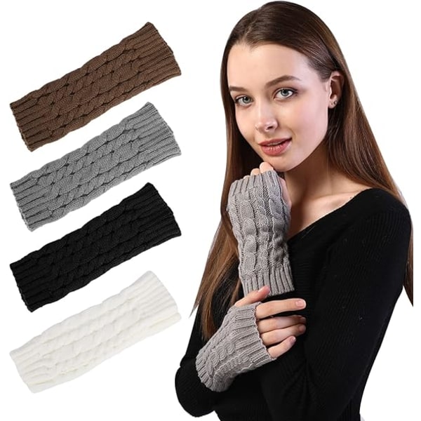 Dame Fingerless Handsker 4 Par, Dame Vinter Arm Fingerless Handsker Håndled Ribstrikkede Varme Arm Handsker med Huller til Damegaver