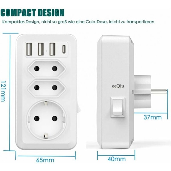 USB stikdåse, 7 i 1 multistikdåse med 3 USB og 1 Type-C port, 3-vejs universal stikdåseadapter med USB oplader (2 Euro og 1 Schuko stikdåser) fo