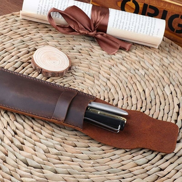Handgjort läderfodral, Multi-Stylo ficka, Crazy Horse Läderskydd för Penna-Marron