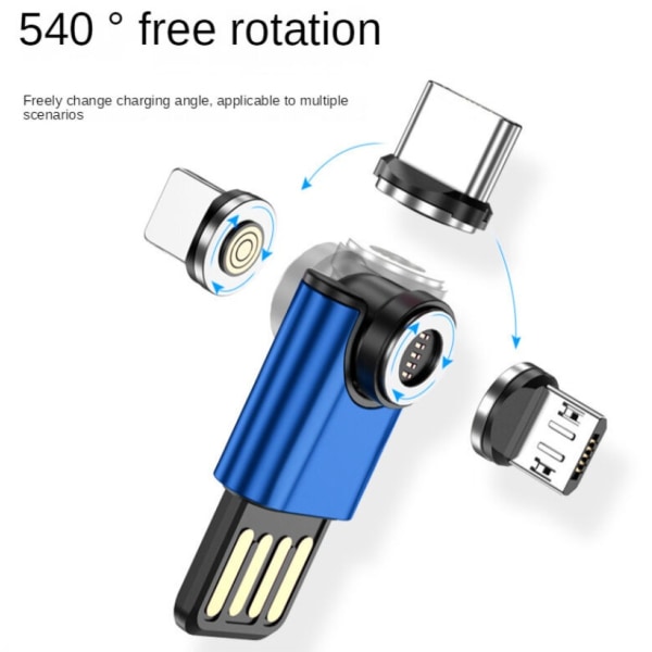 Blå Mini Bärbar USB 3A Magnetisk Adapter 540 Grader Snabbladdning Android Huvud/Typ c/Apple Huvud