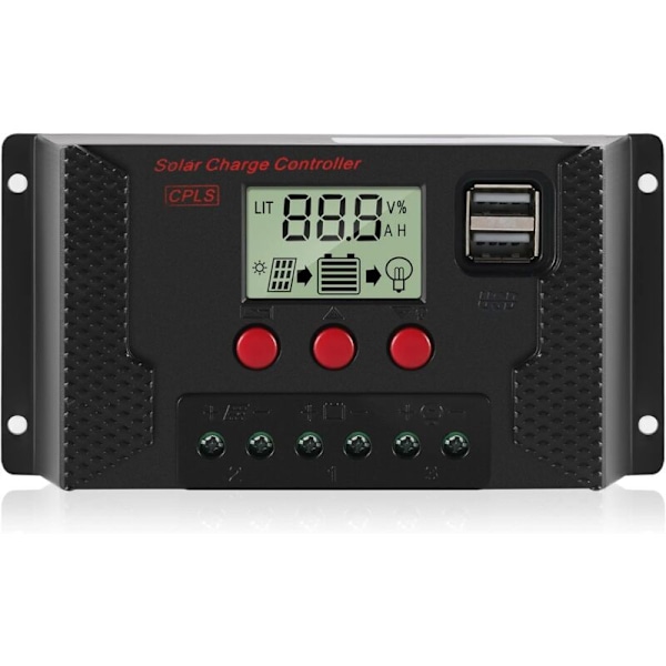 Ladecontroller 30A Land regulator solpanel Automatisk identifikation 12V/24V med LCD-skærm og USB 5V port
