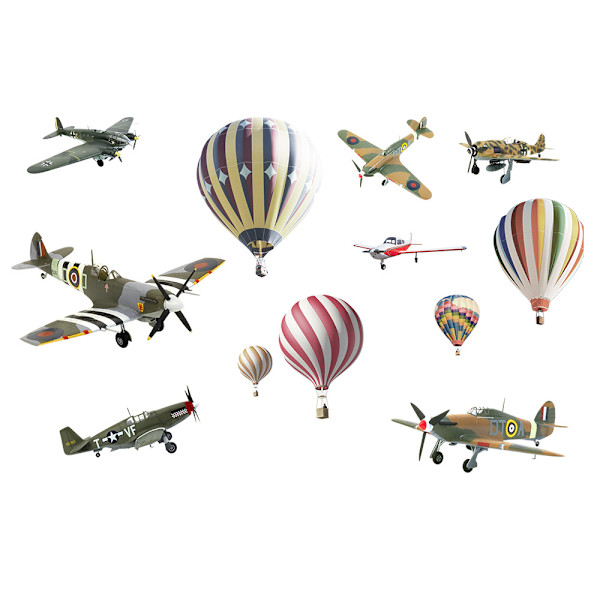 Varmtluftballon og Fly Kunstvægdekoration Tegneseriefly Farve Retro Fly Mural (35 \"x 12\" X 2 stk)