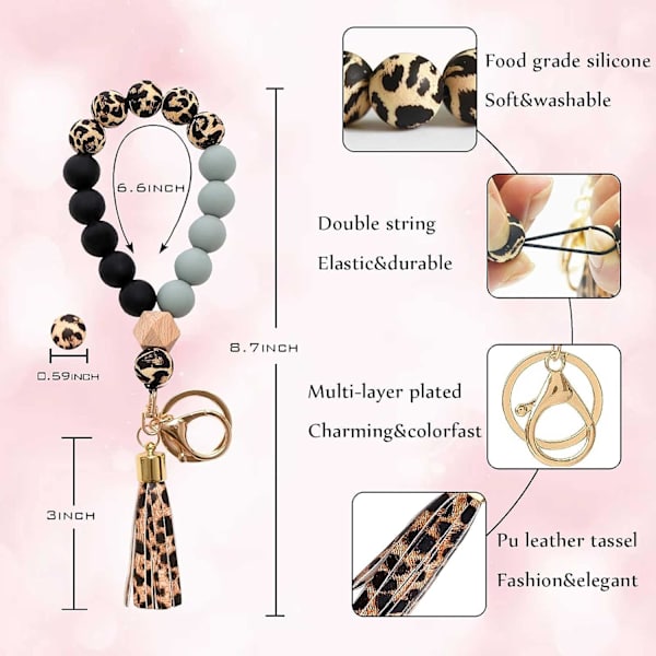 Nøglering Armbånd Wristlet Nøglering Leopard Perle Armbånd Nøgleringe til Kvinder med Læder Kvast