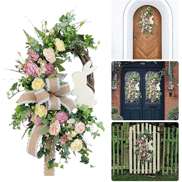 Påskkrans för ytterdörr, kaninhusskylt i trä, påskkanin, påskhängande dörrskylt, dekoration, blomsterkrans för påsk, väggfönsterdekoration