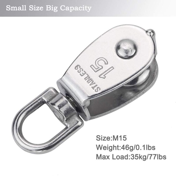 12 stk. M15 Simpel remskive i rustfrit stål 304, 15 mm Kun remskiver Rulleblok, kran kran glat krog reb wire kabel belastning 35 kg