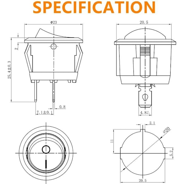 10 st Svarta Runda Vippströmbrytare På/Av 2 Stift AC 6A(250V) 10A(125V) SPST Tryckströmbrytare för Bil Båt Marin Bil Lastbil Ljus Hushåll