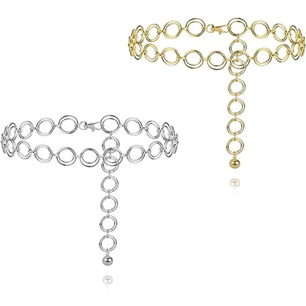 2 styks kædebælter til kvinder, O-ringkædebælte, justerbar bæltekæde til piger Taljekæde Guld Sølv Mavekæde Body Chain Fit Jeans