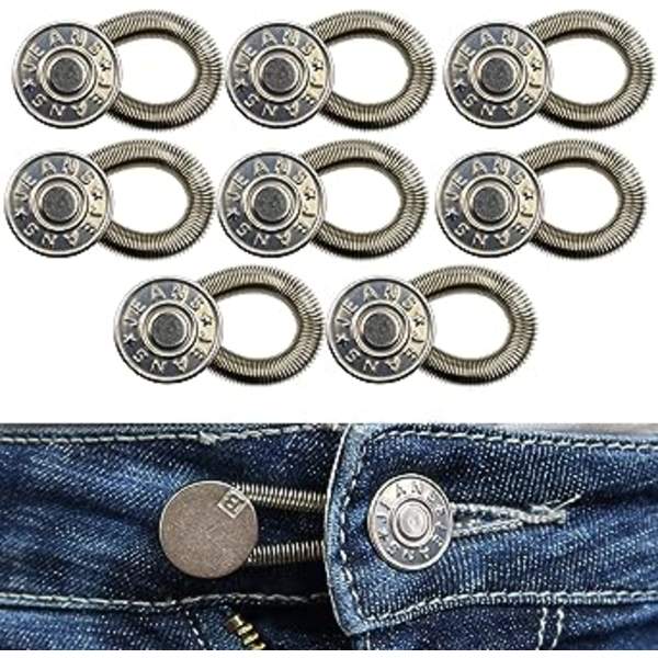 Bælteforlængere, knapforlængere, sæt med 8, elastisk knapforlænger til bukser op til 50 mm, indtrækkelige knapper, justerbare taljeforlængere til jeans