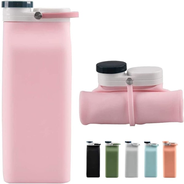 Hopfällbar Vattenflaska, BPA-fri - 590 ml Hopfällbar Vattenflaska för Resor, Sportvattenflaska, Trippel Läcksäker Lättviktig (Rosa)