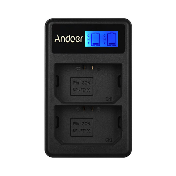 Andoer LCD2-FZ100 Batterioplader til LCD-kamera kompakt med dobbelt kanal USB-indgang LCD-skærm til Sony NP-FZ100 Kamerabatteri til Sony A7riii A7i