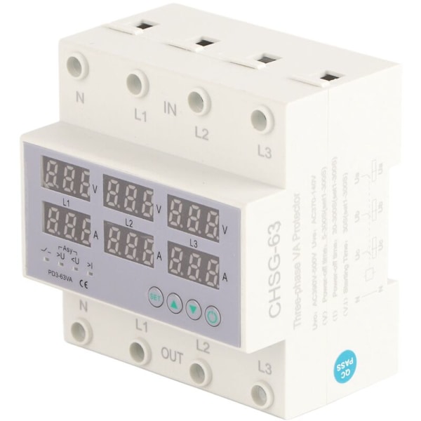 Voltmeter amperemeter med trefas DIN-skena, automatiskt skydd mot överspänningar och överströmmar, AC 390-500 V 63 A