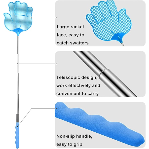 2-pack flugsmälla, flugsmälla i plast i olika färger, kökshjälpmedel, flugsmälla i plast med hållbart teleskophandtag, hållbart 75 cm
