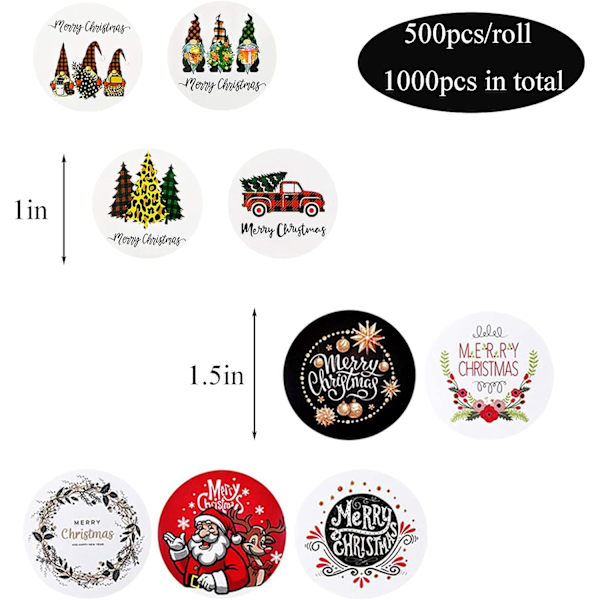 1000 stk. God Jul klistremerker, gullfarget glitterdesign 1,5\" og 1\" julemerker