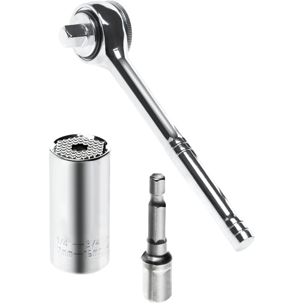 Universal Socket Wrench Set - Allsidig for 7-19mm Muttere - Med 3/8 Reversibel Ratchet og Power Tool Adapter