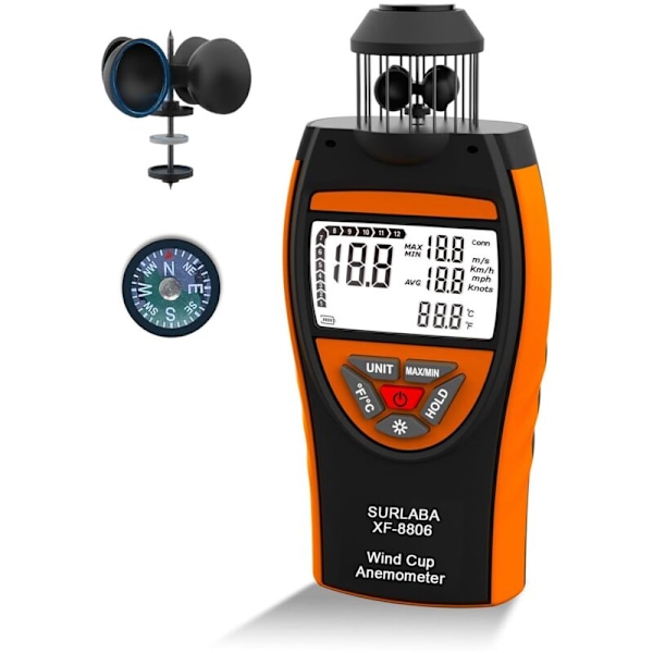 Digitalt anemometer, 4 Vindhastighetsmåler 0,742m/s kopper, laptop anemometer måler MAX/min/AVG vindhastighet og temperatur (℃/℉), indikatorstrøm med c