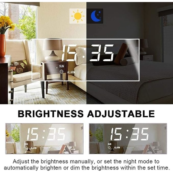 Kreativ digital spegelalarmklocka (svart, 14*3.4*5.5cm), LED-temperaturklocka vid sängen, snooze, röststyrd sminkningsspegel, LED-klocka med adju