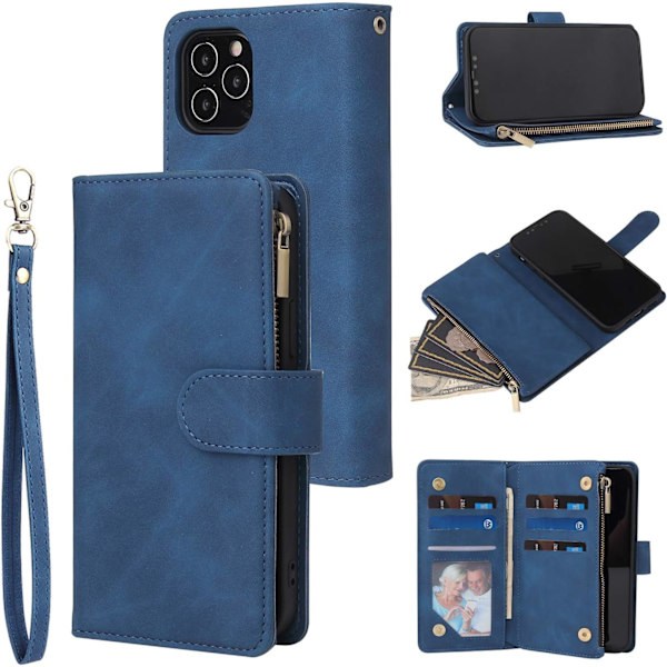 (Sininen) iPhone 12 iPhone 12 Pro 6.1\" Lompakkokotelo (puhelin ei sisälly), Premium Vintage Nahkainen Magneettilukkoinen Käsilaukku, Vetoketjutasku Kansi, Footres