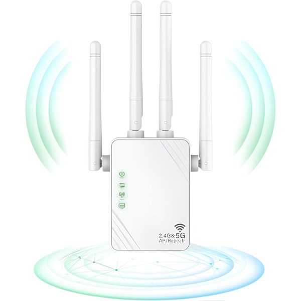 1200Mbps WiFi-förstärkare - Dual Band 5GHz/2.4GHz med 4 Antenner - Router/AP-läge och 2 LAN-portar (EU-kontakt, Vit)