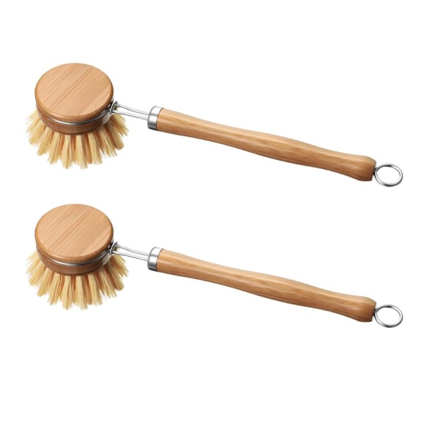 Bambusoppvaskbørste med utskiftbare hoder, gryte- og gryterenser Langskaftet oppvaskbørste med trehåndtak (original farge)