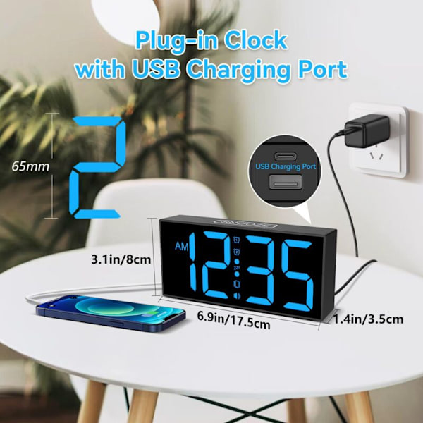 Extra stark väckning med sängvibrator, vibrerande väckning med LED 7 '' för döva och hörselskadade, stora sovare, dubbel väckning, snooze, laddning