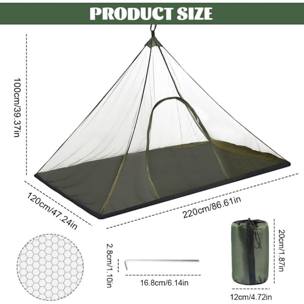 Camping myggenet 220 x 120 x 100 cm, myggenet med opbevaringspose, bærbart og let rejse myggenet med lynlås til fiskeri, vandreture, lejre