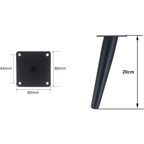 Sett med 4 skråstilte møbelben - Skråstilte avsmalnende 20cm, svart, metallskapben, avsmalnende møbelben, stille erstatning for sofa, bord