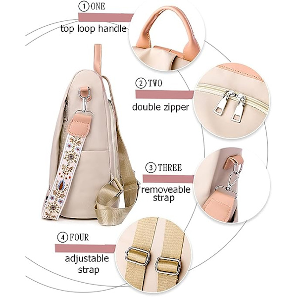 Blommig broderad axelväska (Khaki), flickors stöldskyddad reseryggsäck, lätt fashion daypack skolsäker vattentät dammode, handväska flickor