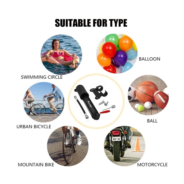 Sykkelpumpe, bærbar sykkeldekkpumpe, minisykkelpumper i aluminiumlegering, kompatibel med Presta og Schrader ventil Universal sykkelpumpe, ball/rammefeste