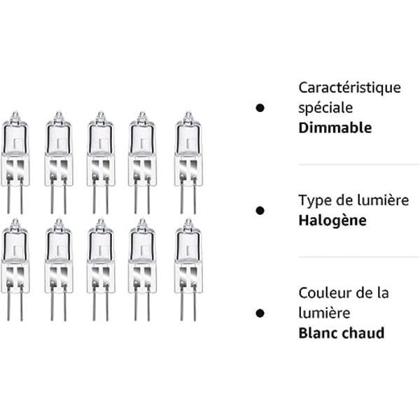 G4 Halogen Pærer, G4 Halogen Pin Sockel Lampe 12V 20W, 2800K Dæmpbar Varm Hvid G4 Klar Kapsel Lampe Pakke med 10 [Energiklasse C]