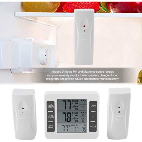 Termometer för kylskåp digital display trådlös frystemperaturövervakare för kylskåp med 2 rumsensorer och min/max-larm