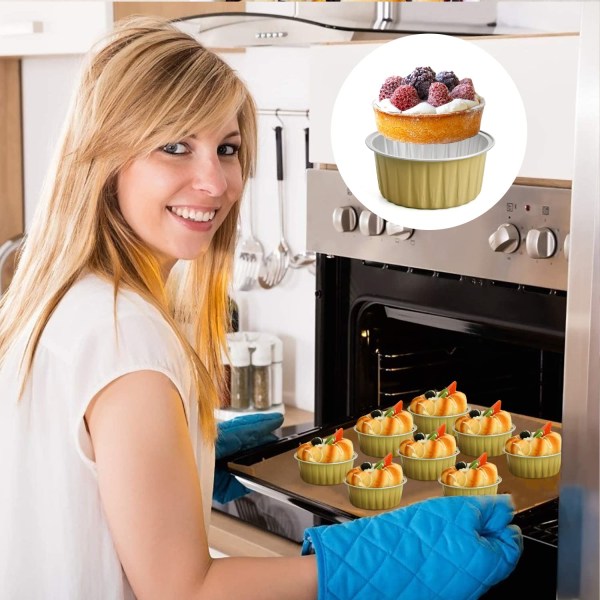 Sæt med 10 mini tærteforme quiche tærteforme, muffin cupcake kopper, æg tærte buddingform DIY værktøjer, non-stick belægning quiche bageforme (guld)