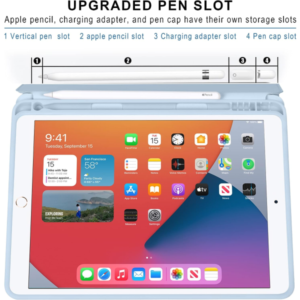 Fodral för iPad 10.2\" [7:e generationen 2019  8:e generationen 2020] [Hörnbeskydd] Multi-vinkeldisplay med pennhållare, stativ, automatisk väckning/sömn (is)