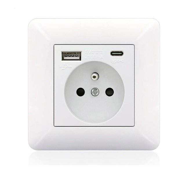 Fransk stikpanel type-C+USB16A Type 86, Antal stik: 2 huller, antal USB-porte: 1, antal type-C-porte: 1, sikker og robust (hvid bue)