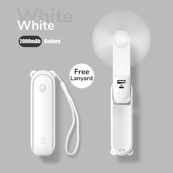 Portable Mini Fan, 3 in 1 Handheld Fan, USB Rechargeable Small Portable Handheld Fan, Flashlight Function (White)