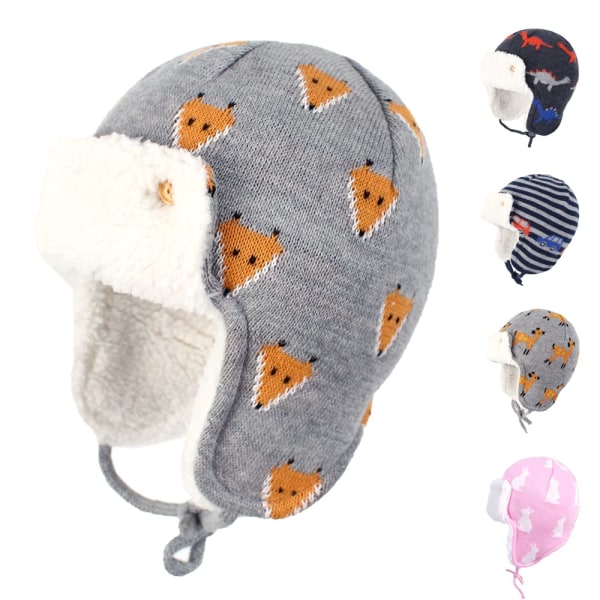 Winter Animal Ear Protection Beanie Hat for Boys and Girls Baby Fox Pattern Fleece Lined Warm Hat (Gray)