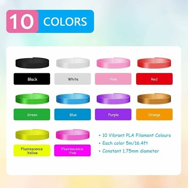 3D Pen Filament, PLA 1.75 Filament Refills til 3D Pen, 10 Farver, 5M Hver, 3D Pen Filament til Børn og Voksne, Kompatibel med Professionel 3D Print