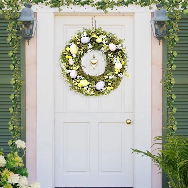 (Grønn) 15,75\" påskeegghjørnekrans for påske, høytider, fester, veggdekor Rattan vårkrans med blandede blomster, grener og rosa egg.