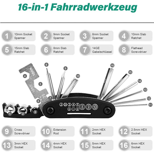 16-in-1-pyörän monitoimityökalu, taitettava monitoimityökalu, maastopyörän korjaustyökalu, rengasvipu satulalaukulla