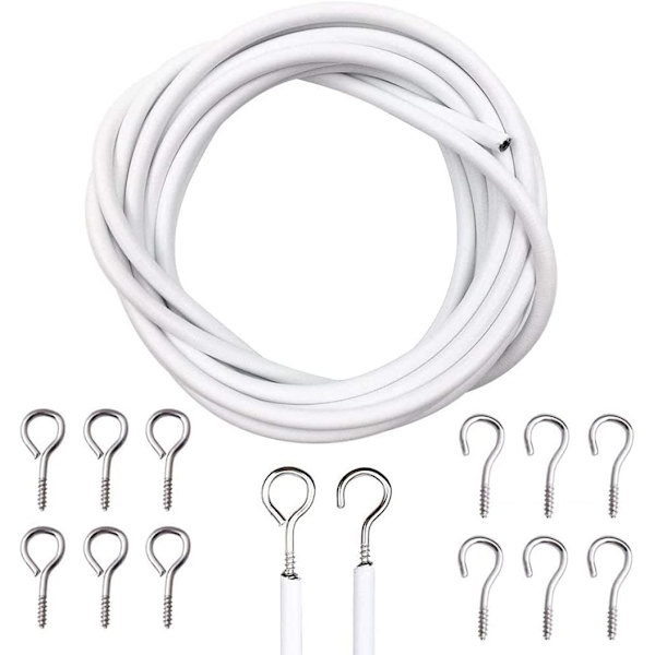 6 meter gardinkabel med 8 par kroker og øyne, multifunksjonell voile-kabel, klipp til ønsket størrelse, perfekt for å henge opp gardiner og bilder