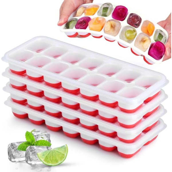 Silikon Isbitsformar - 14 Isbitar per Form, Spillskyddslock, Stapelbara för Frysen (4-pack, Rosa)