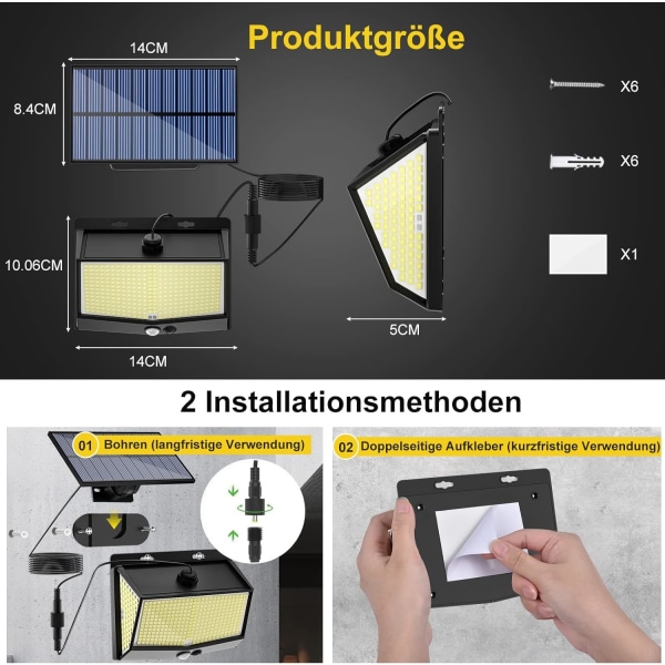 Utomhus solcellslampa, 468 LED solcellslampa utomhus med rörelsesensor, 3 lägen, solcellslampa, 270°, superljus solcells vägglampa